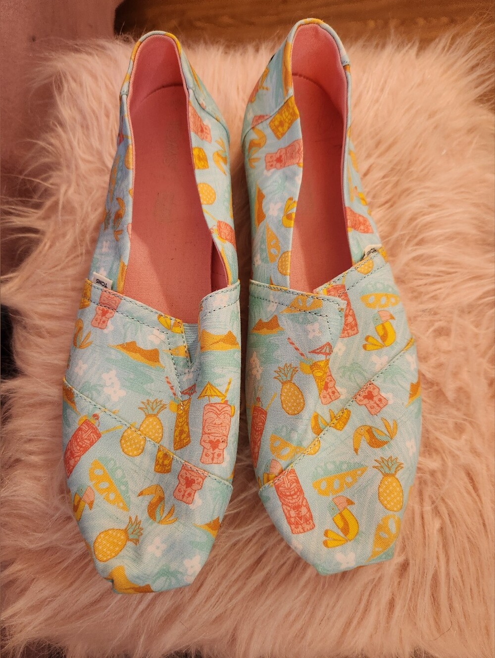 Toms Aqua Canvas Slip-On Flats with Yellow Pineapple Print